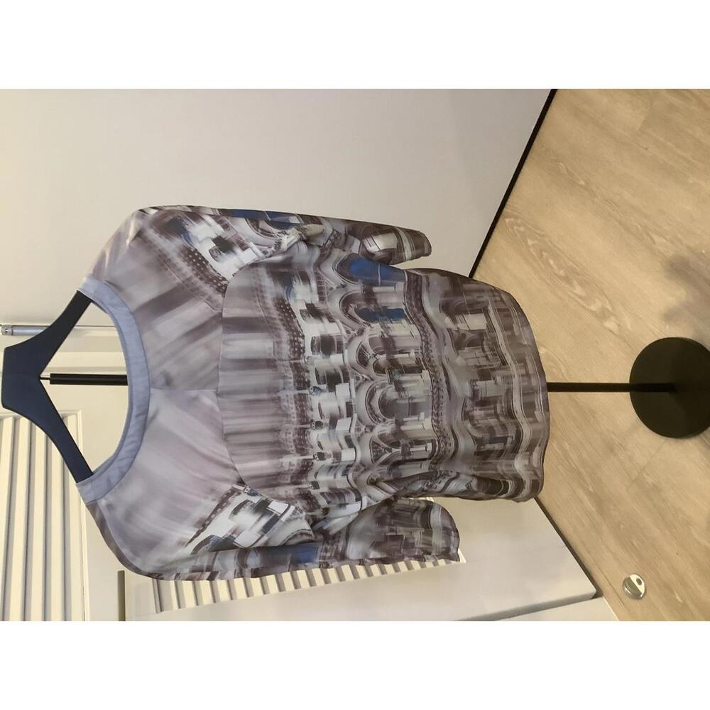 Ted Baker Print Roundneck Blouse Grey Brown Blue 4 Feminine Soft Luxe Polished